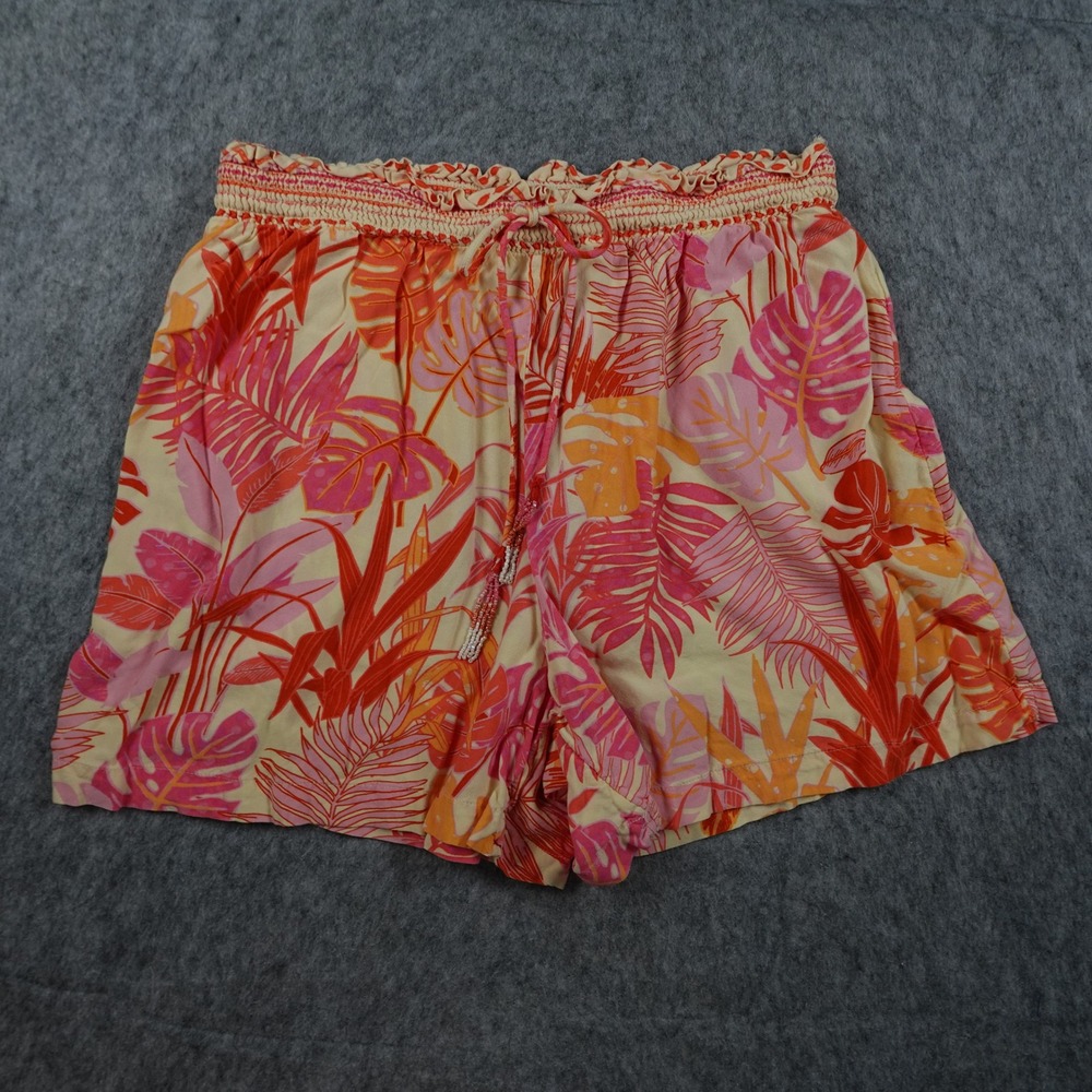 Haute Hippie Shorts Women Large Pink Tropical Floral Smocked Waist Rayon Pull On